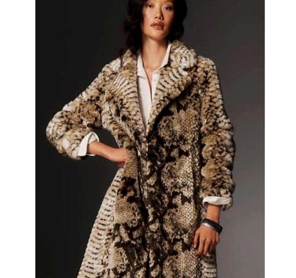 NEW! Urban Outfitters L Snake Print Faux Fur Midi Coat $199 Fuzzy Long Jacket